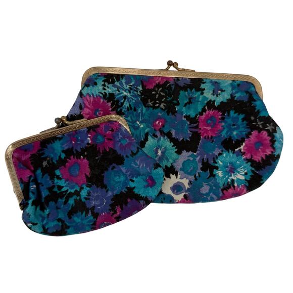 Vintage Clutch & Coin Purse Floral Blue Pink Purple Snap Closure - Picture 1 of 8